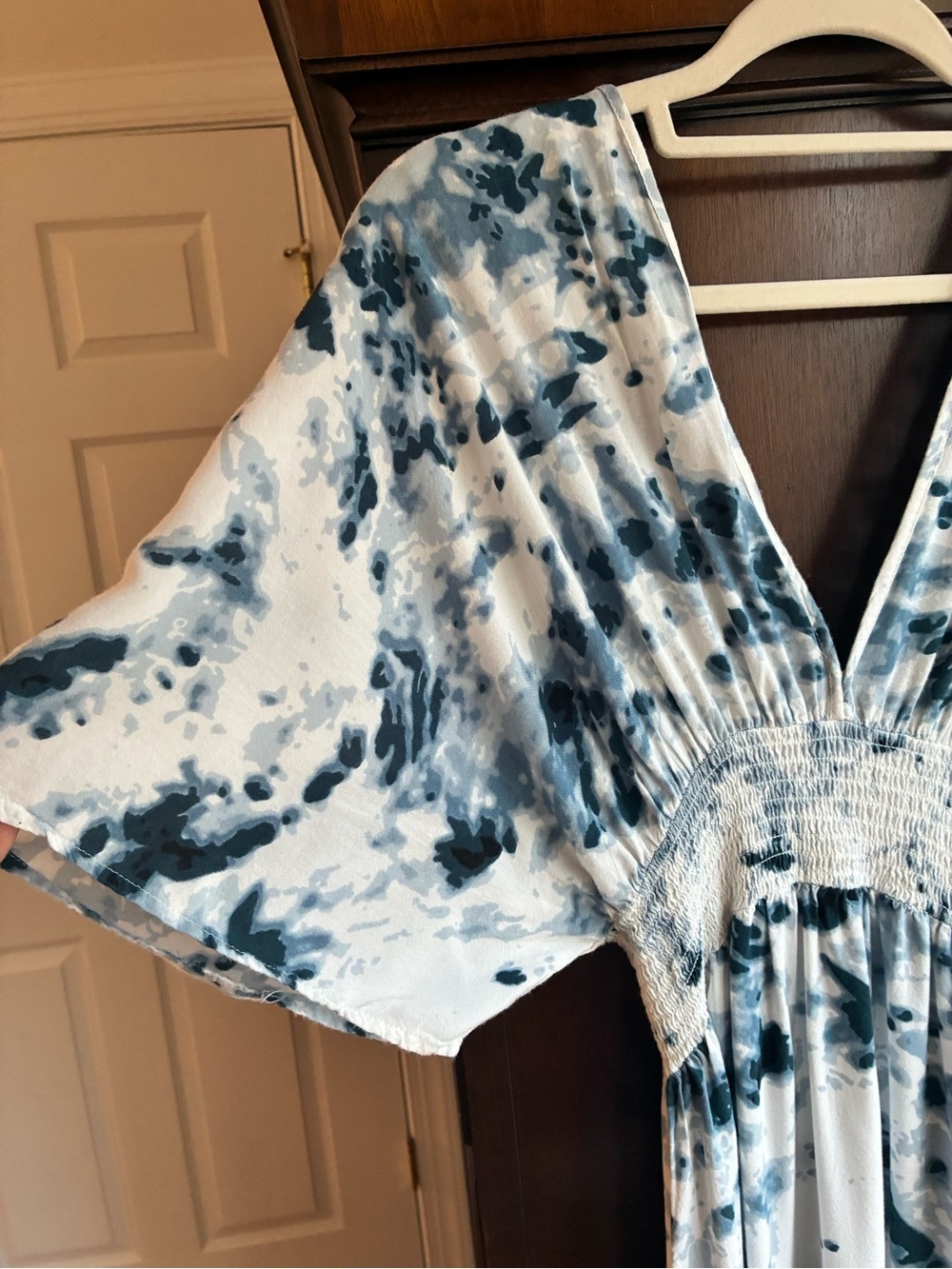 Japna Blue & White Watercolor Smocked Maxi Dress | Boho Empire Waist - Picture 4 of 7